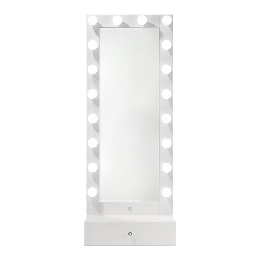 1pc Glam Tall Lighted Mirror with Drawer Box Beveled Mirror Crystal Knob Glossy White Finish Vanity