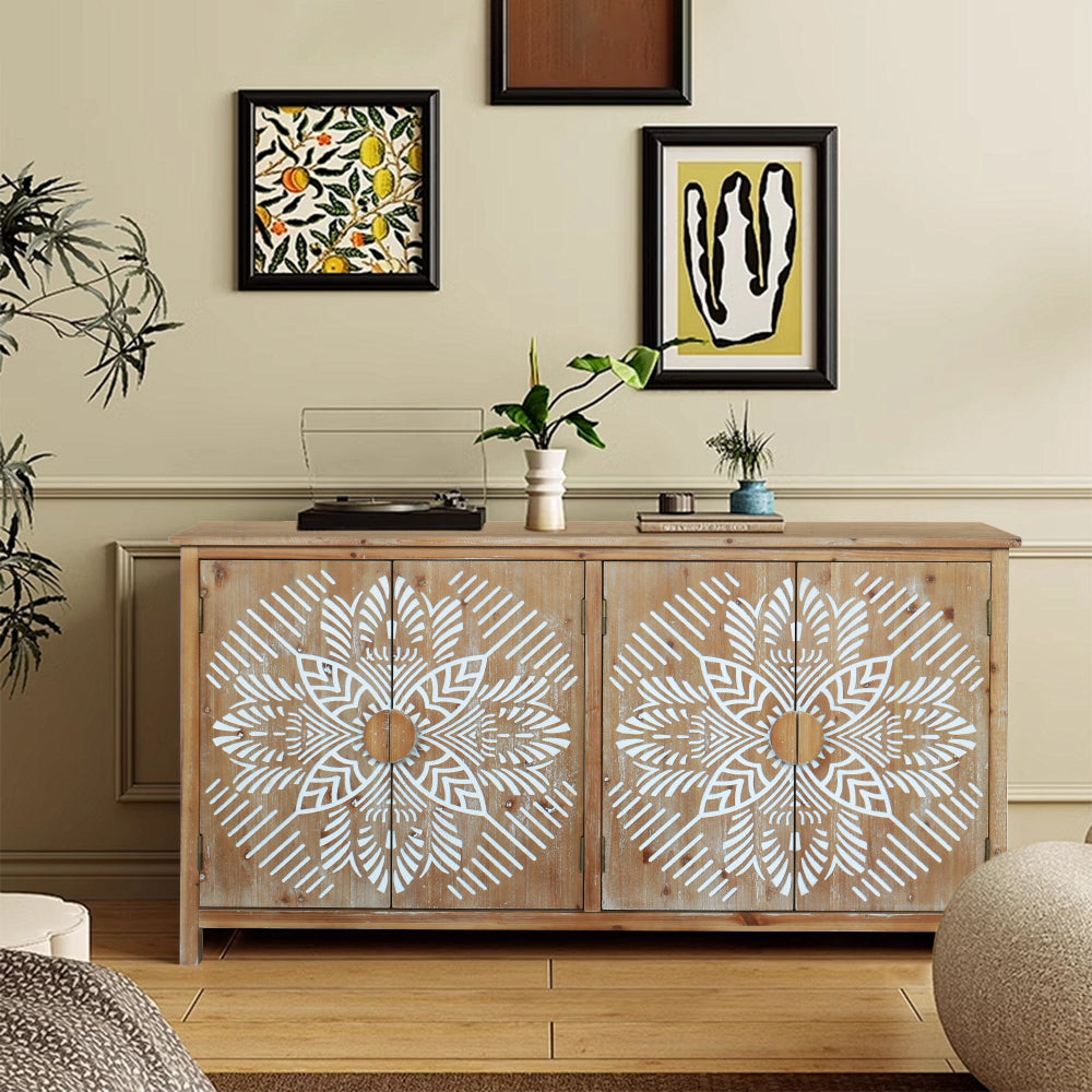 60"Wood Accent Cabinet with 4 Doors, Brown and antique white Modern Pantry Cabinet, Wood Buffet Cabinet, Media Cabinet, Console Cabinet, Cabinet for Entryway, Living Room, Bedroom, Dining Room