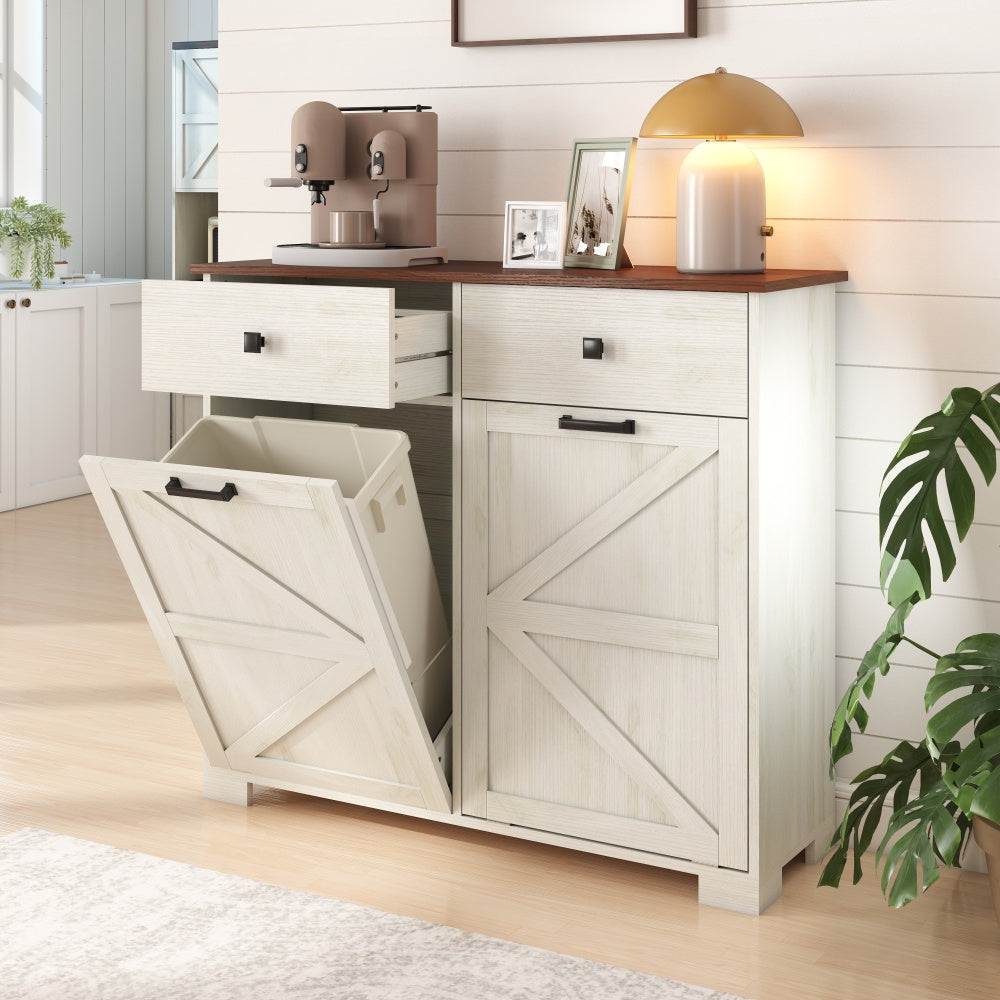 Farmhouse Double Tilt Out Trash Cabinet for 20 Gallon Trash Cans, Free Standing Recycling Cabinet with Hideaway Drawer, Barn Door Style Laundry Sorter Cabinet, Tilt Out Trash Cabinet for Kitchen