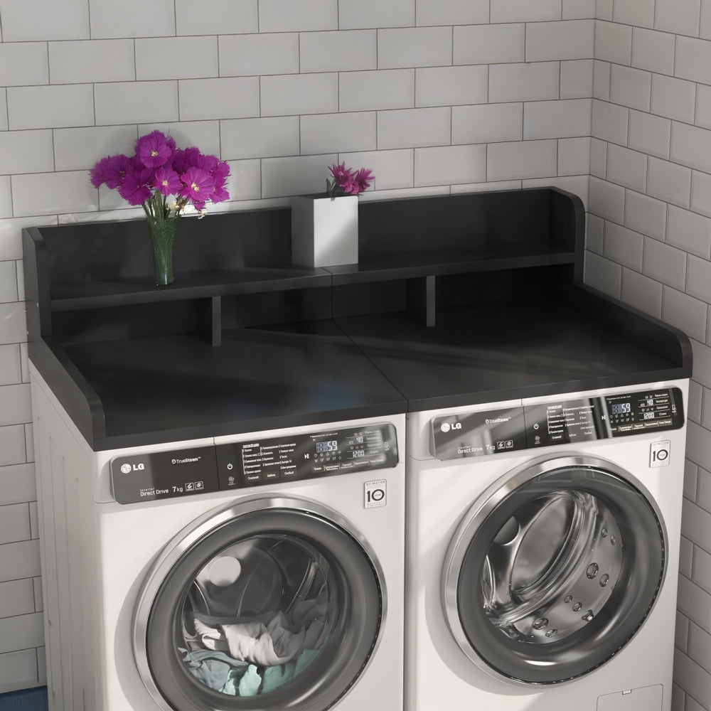 Washer Dryer Countertop with Non-slip Pads, Laundry Wood Shelf Topper with Edge, 54" Width x 27.5" Depth Double Layer Organizer for Washer and Dryer Laundry Hamper Counter Storage Organization (BLACK)