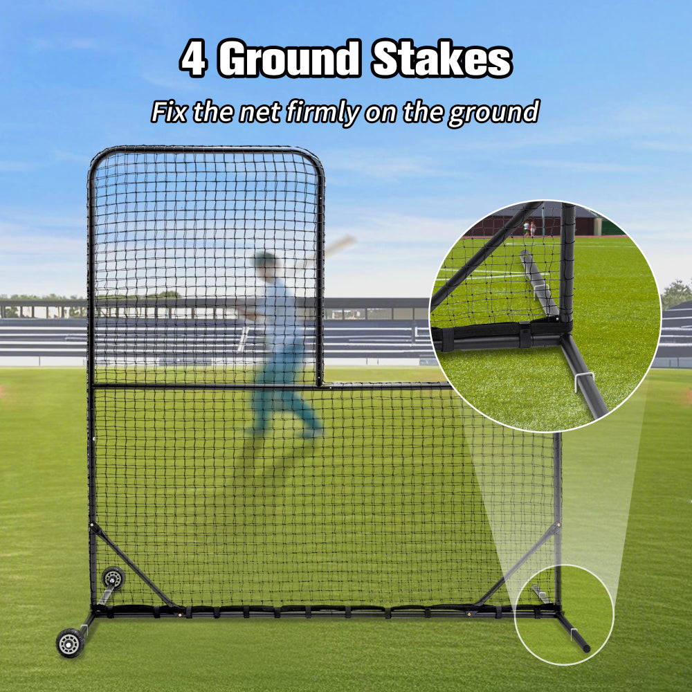 L-Shaped Baseball Net for Batting Cages, Baseball Pitching Net with Wheels  - 84''H x 84''W, with 42'' x 42'' Cutouts,include Carry Bag