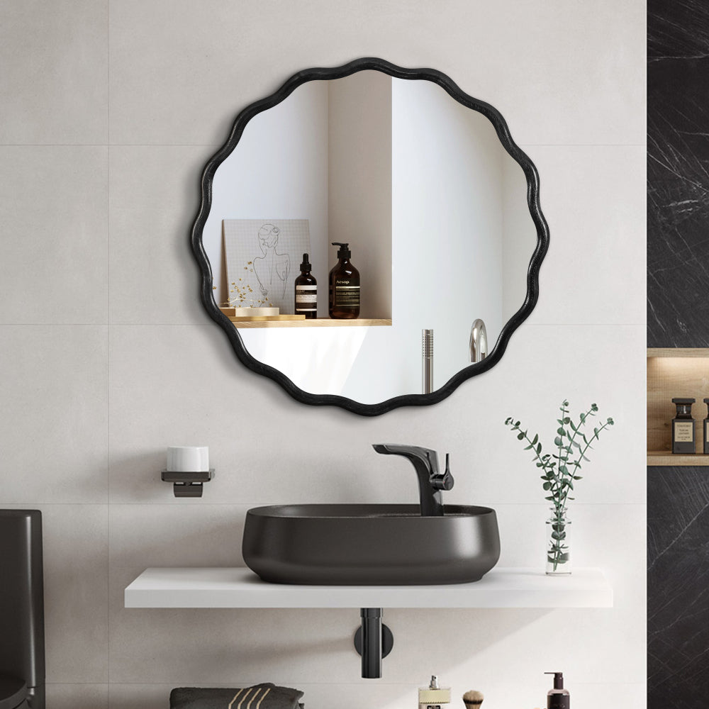 Solid Wood Wavy Mirror-Black Vanity Mirror Wall Decor 36" x 36" Modern Mirror Wall Decor for Bathroom, Bedroom, Living Room, Dining Room, Cloakroom, Entryway
