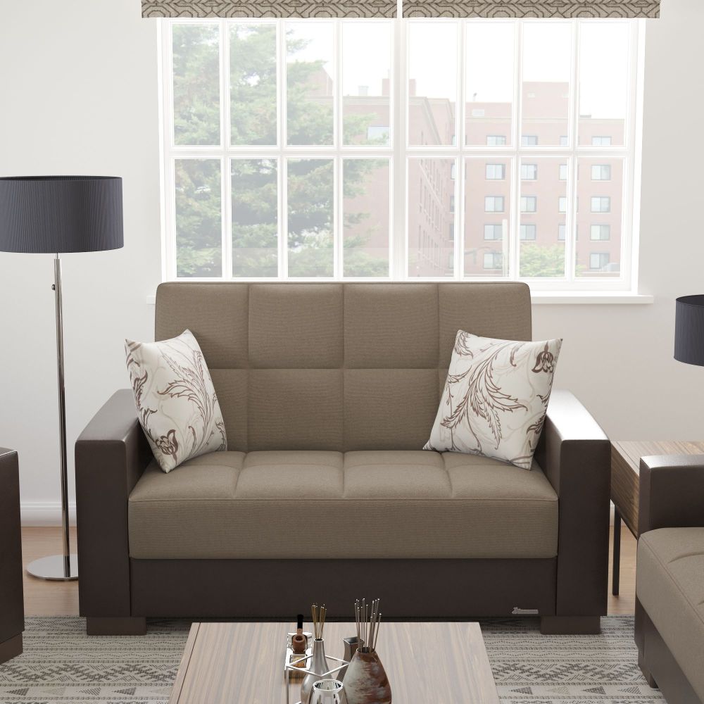PrimeNest ZenAero Collection Upholstered Convertible Loveseat with Storage, Beige/Brown-PU Chenille