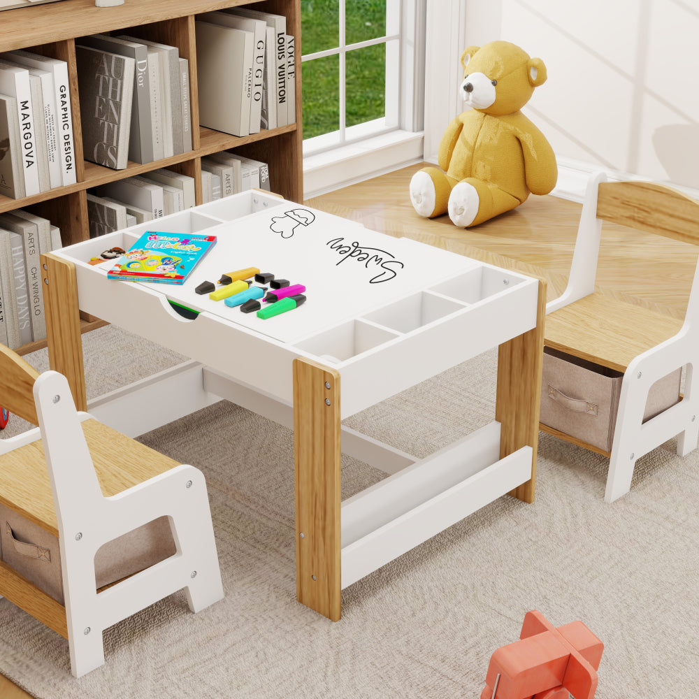 Kids 2 in 1 Play Table & 2 Chairs Set,with 7 Storage Compartments,Compatible with LEGO Building Block,Modern Activity Learning Table Game Furniture-White