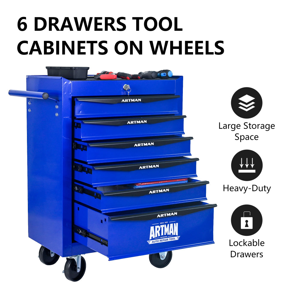 Rolling Metal Tool Chest with 6 Drawers, 20" 6-Drawer Tool Chest Cabinet with Ball Bearing Drawer Slides, Steel Tool Storage Box Organizer -BLACK&BLUE
