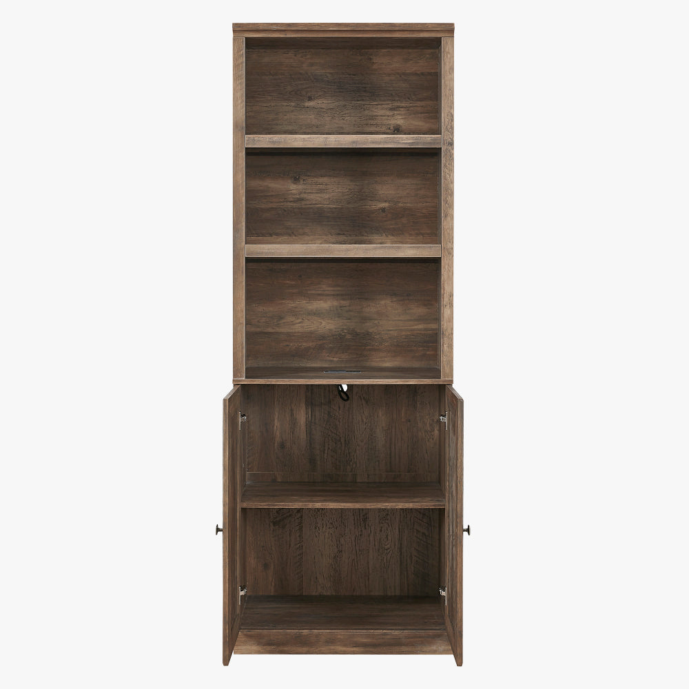 1 Doors Bookshelf with USB Port and 3 Open Shelves Bookcase Side Cabinet Storage Shelves, Rustic Brown