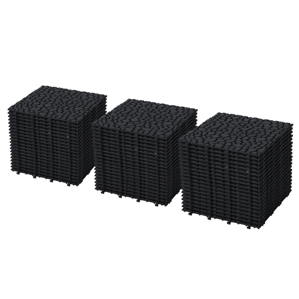 12 x 12 Inch Black Interlocking Deck Tiles Plastic Waterproof Outdoor All Weather Anti-slip Bathroom Shower Balcony Porch Strong Weight Capacity Upto 440 LBS, Pebble Stone Pattern Pack of 60