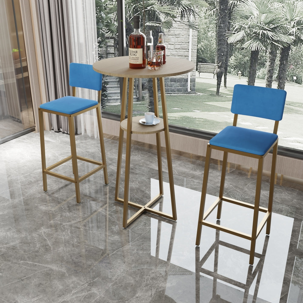Bar table and chairs three piece set, gold frame, sponge made seat cushions and backrests, bar table with storage function (gold+brown tabletop+blue cushion)