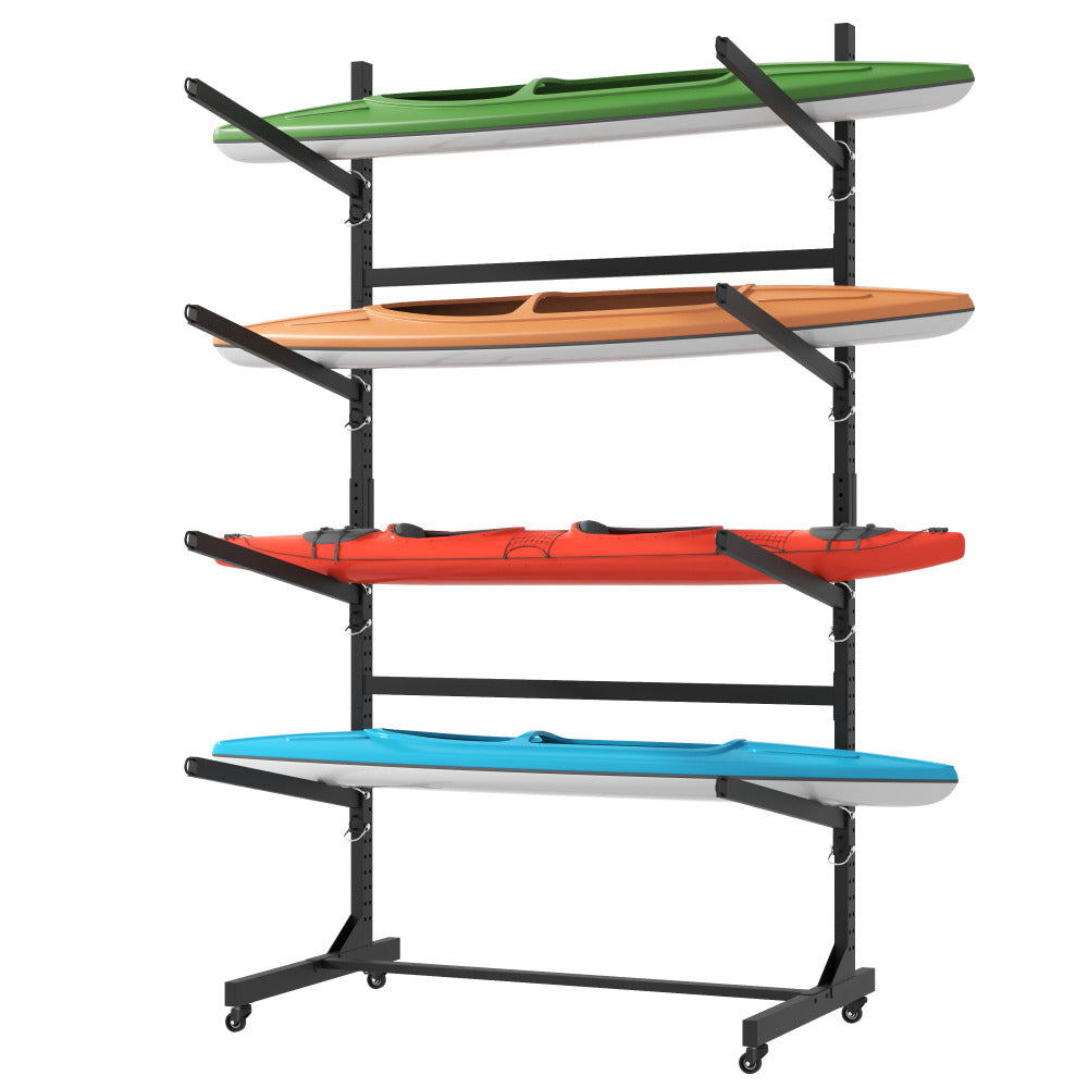 80''H Freestanding Kayak Storage Rack – Holds 4 Kayaks, Heavy-Duty Adjustable Stand with Lockable Wheels for Kayak, Canoe, SUP & Surfboard, 45.87"W*28.94"D*80"H