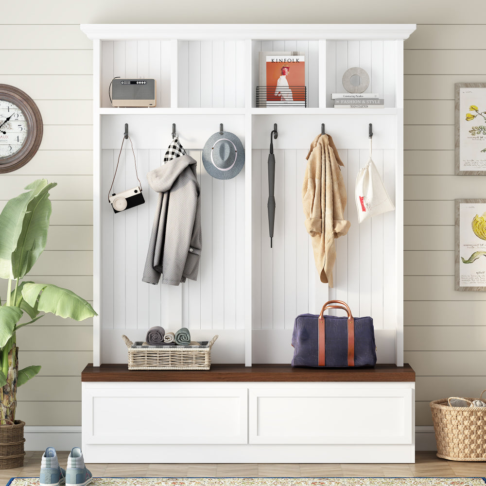 [Assembly Video] Farmhouse 4-in-1 Hall Tree with Wood Grain Bench, Mudroom Versatile Coat Rack with 2 Large Drawer, Large Entrance Organizer with 6 Black Hooks for Hallway, Living Room, White, 55.9"W