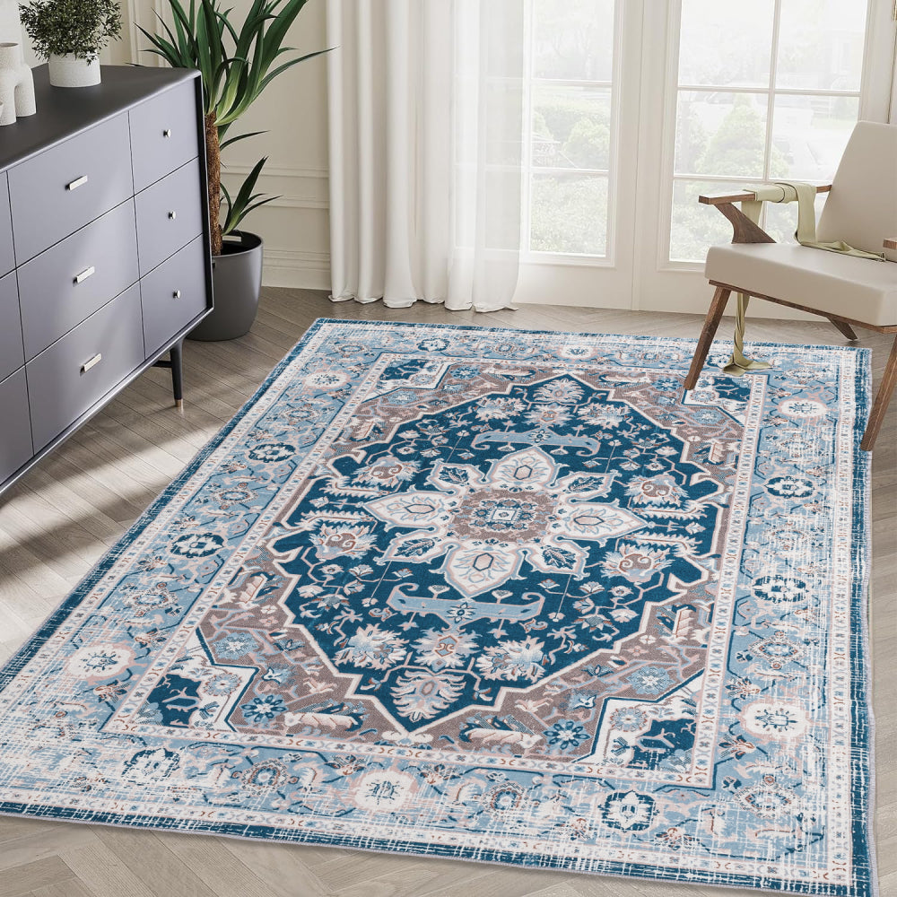 Area Rug 5x7 Vintage Bohemia Large Persian Non-slip Washable Rug For Living Room Kitchen Bedroom Living Room Flower Design Blue
