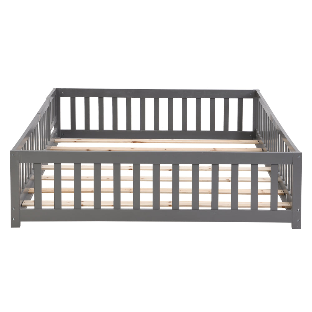 Full Size Floor Bed with Door,Solid Wood Platform Bed Frame with Fence,Suitable for children,Pine Wood,Gray