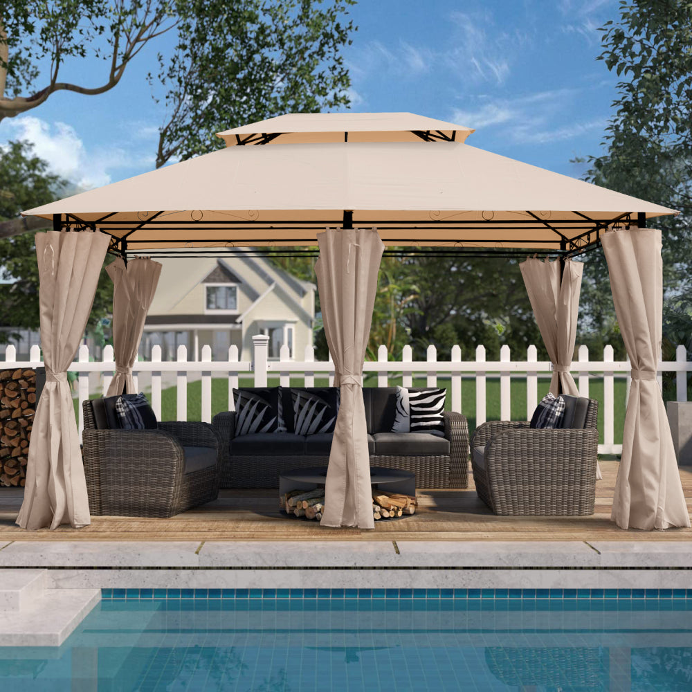 13x10 Outdoor Patio Gazebo Canopy Tent With Ventilated Double Roof And Mosquito net(Detachable Mesh Screen On All Sides),Suitable for Lawn, Garden, Backyard and Deck,KHAKI Top