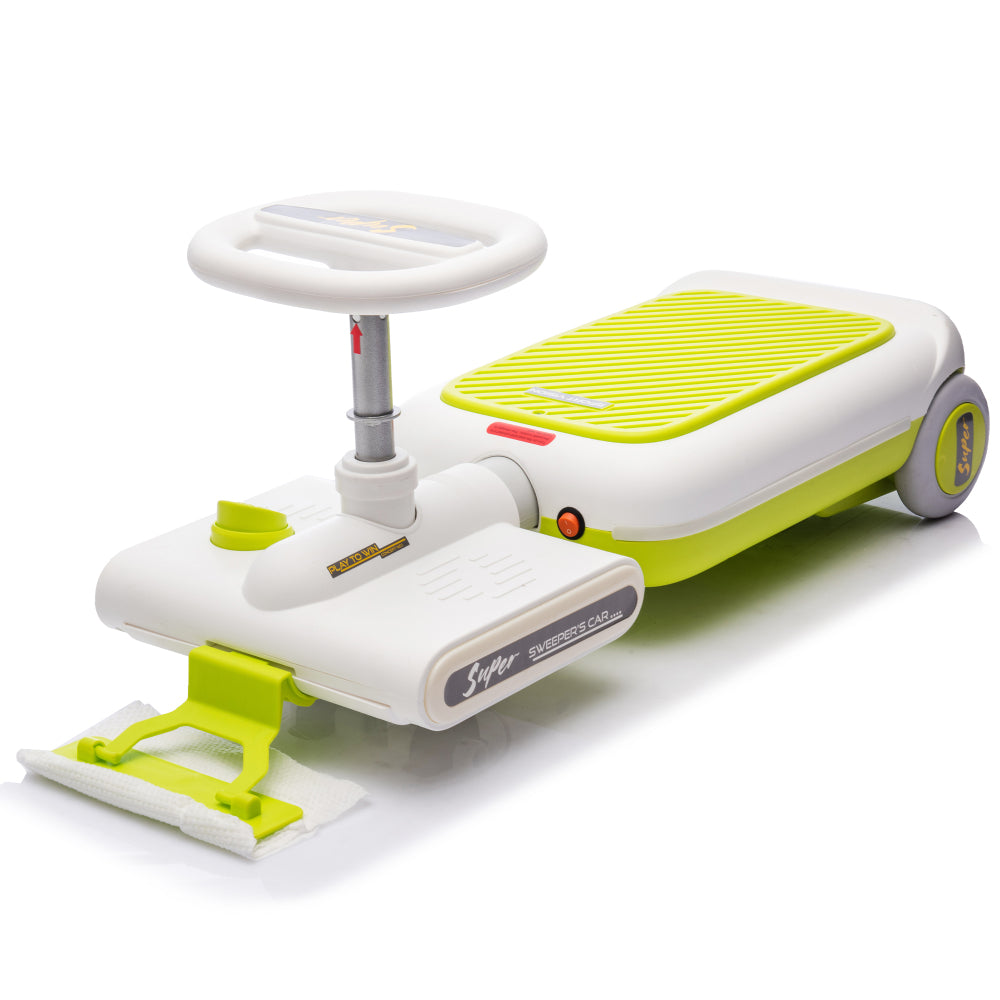 12V Cleaning Go Kart For Kids,55W Motor,Front with mop for cleaning,Length can extended by 6cm,Built in music and lighting functions,Provide a speed of 1.86-2.49MPH for kids aged 3-6 years old.