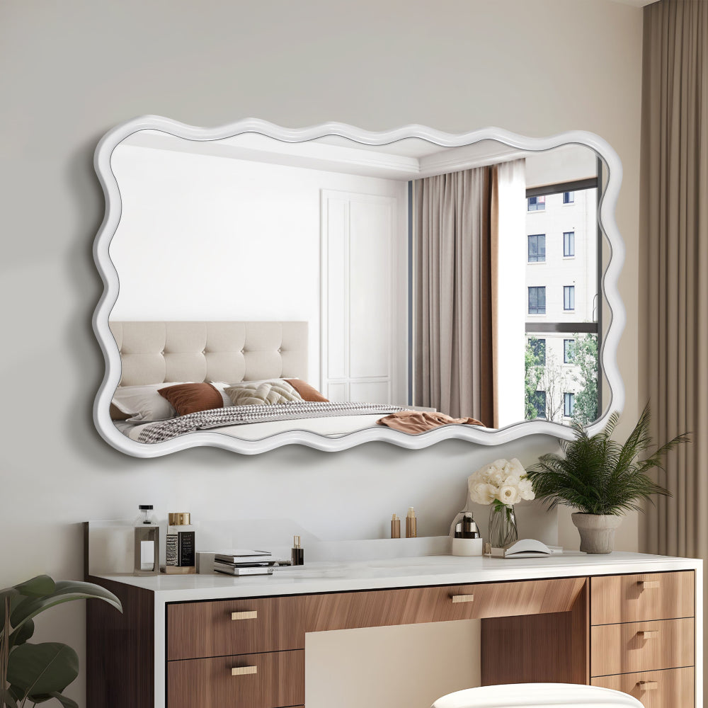 Solid Wood Wavy Rectangle  Mirror-Natural-Wood   40" x 28" Modern Mirror Wall Decor for Bathroom, Bedroom, Living Room, Dining Room, Cloakroom, Entryway