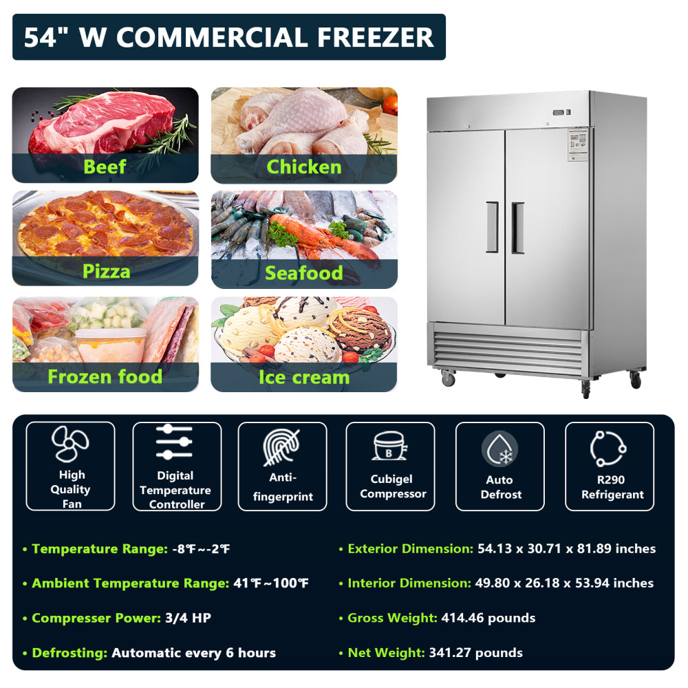 54"W Commercial Freezer 2 Section 2 Solid Door Stainless Steel Interior and Exterior Construction Reach-in Freezer 42.2 Cu.ft. Upright Fan Cooling Freezer for Restaurants and Commercial Environments