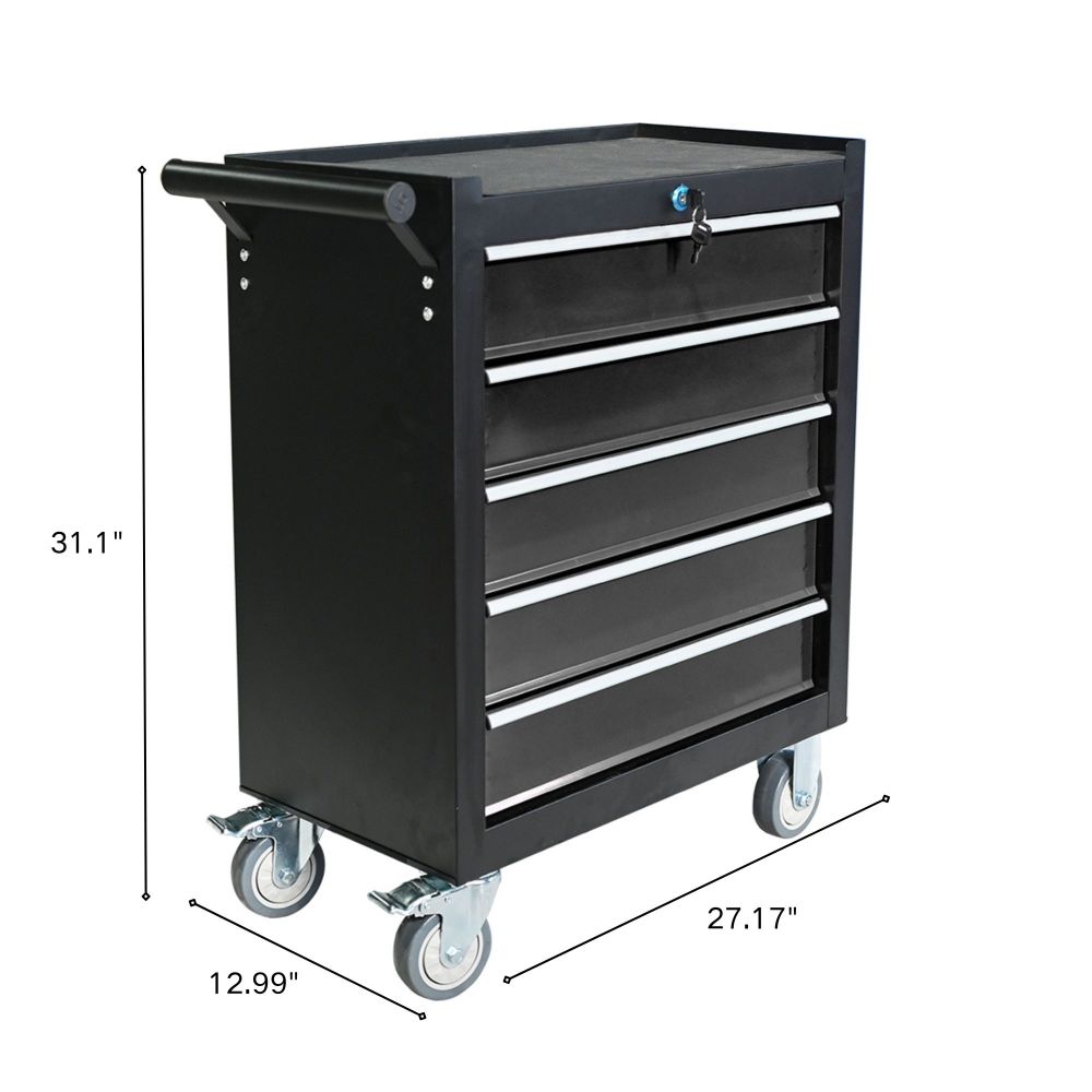 5-drawer metal rolling tool cabinet, storage toolbox with brake wheels, toolbox with lock, suitable for warehouses, garages, repair shops, tool rooms, and other places