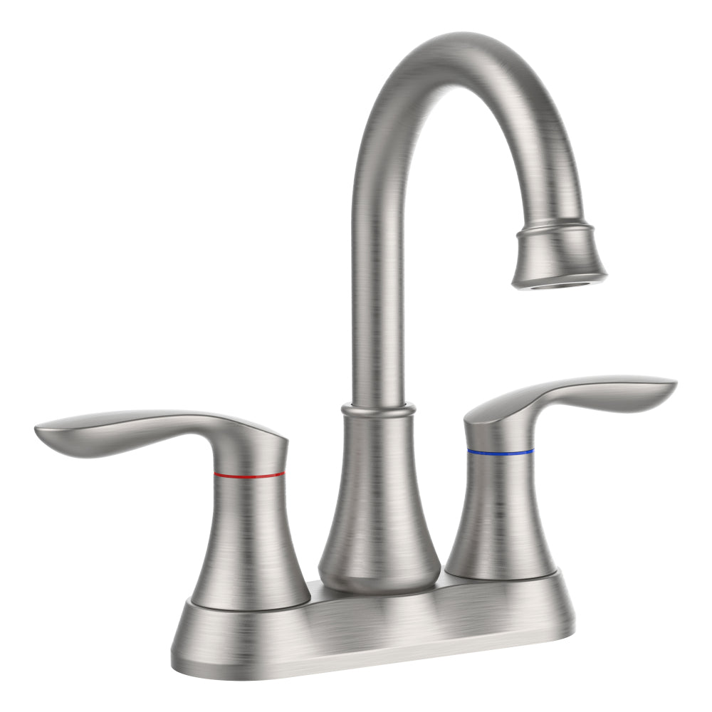 Bathroom Faucet Brushed Nickel with Pop-up Drain & Supply Hoses Two-Handle 360 Degree High Arc Swivel Spout Centerset 4 Inch Vanity Sink Faucet 4011B-NP
