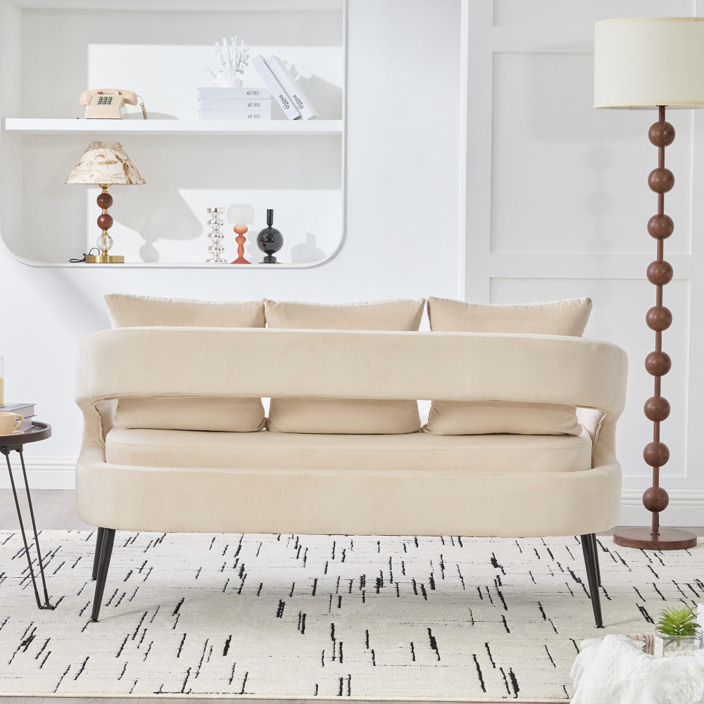 53.7"Modern Upholstered Velvet Open Back Loveseat Settee with 3 Pillows, Small Comfy Sofa 2-Seater Mini Sofa for Small Space with Metal Legs, Living Room Bedroom Office Dorm Studio Apartment, Beige