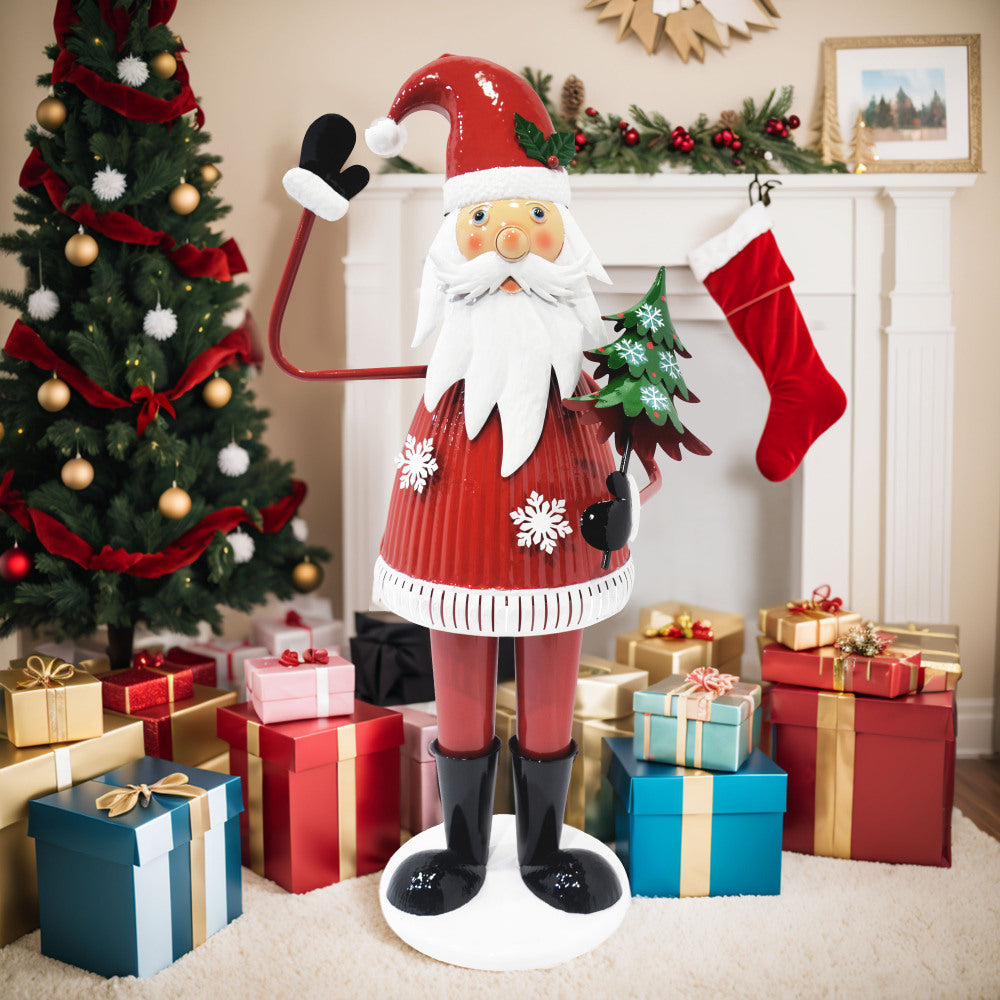 Cheerful Santa Claus Holding Tree and Waving