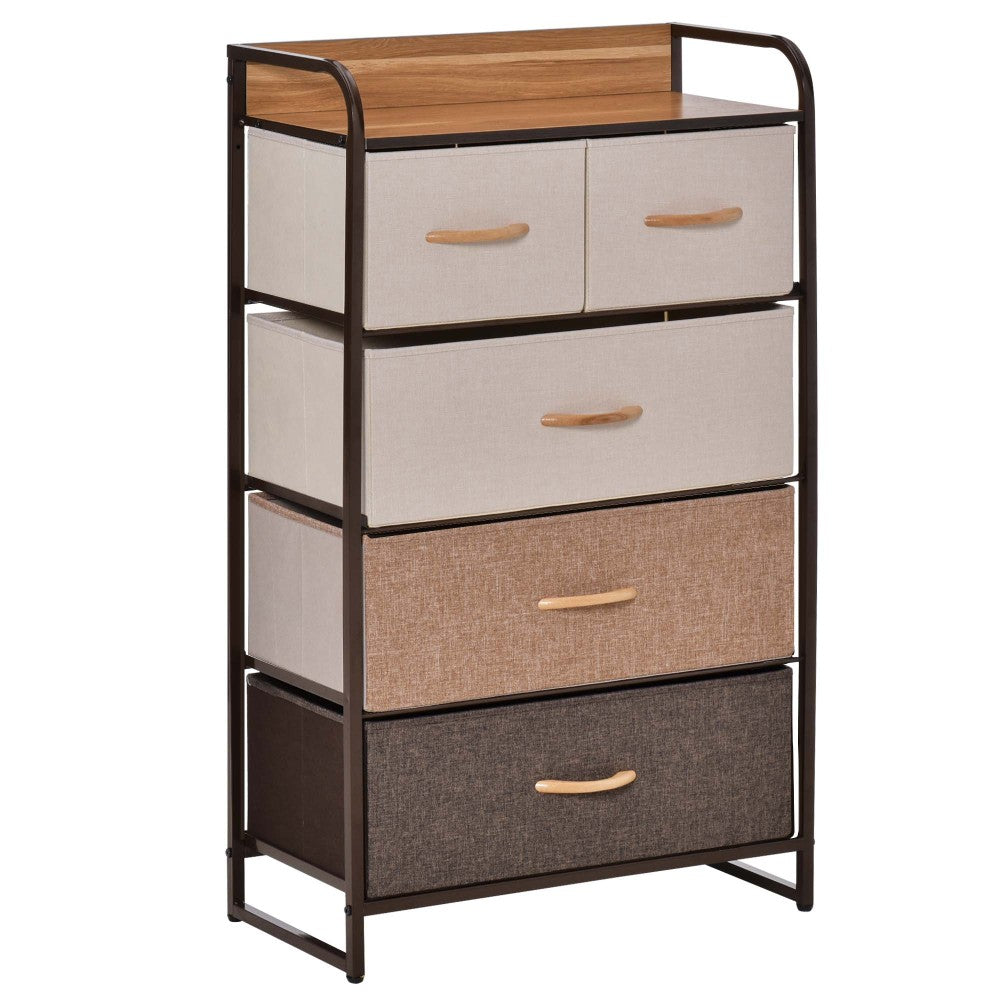 HOMCOM 5-Drawer Dresser, Fabric Drawers, 4-Tier Storage Organizer for Bedroom Entryway, Tower Unit with Steel Frame Wooden Top, Maple Wood