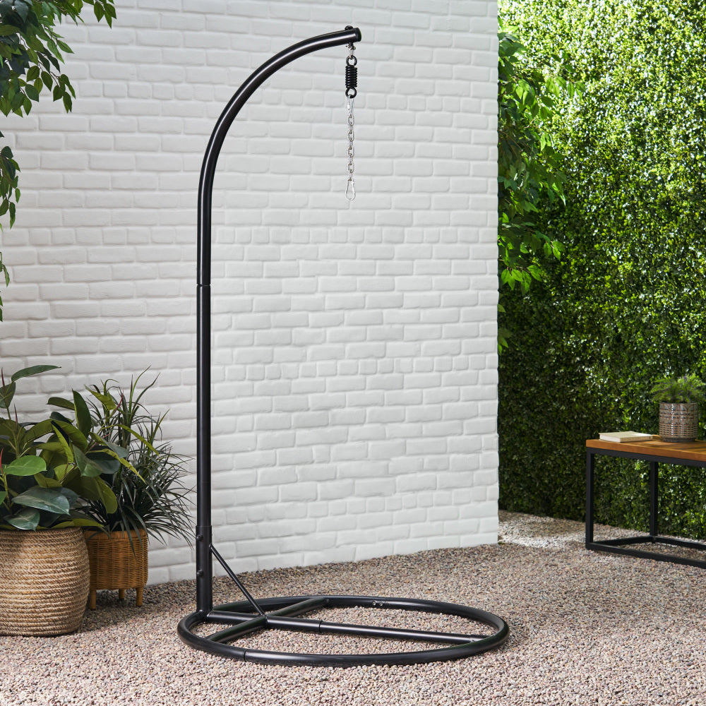 Durable Hanging Chair Bottom Stand with Safety Belt in Black Iron, 44 x 44 x 80 Inches