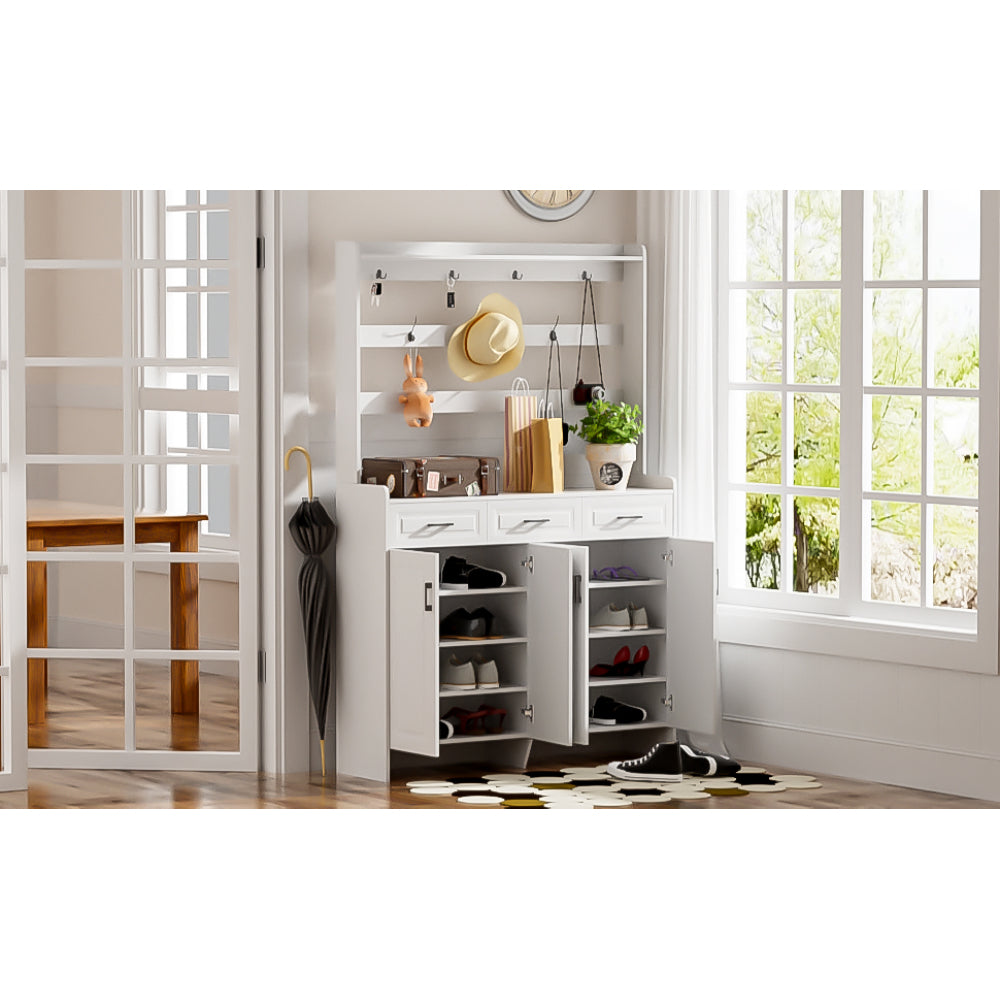U-Can 51.2''Minimalist Four-Door Shoe Cabinet with Coat Rack, Spacious Top,3 Drawers, 8 Shelves, Metal hooks and handles for Hallway, Entryway, Living Room
