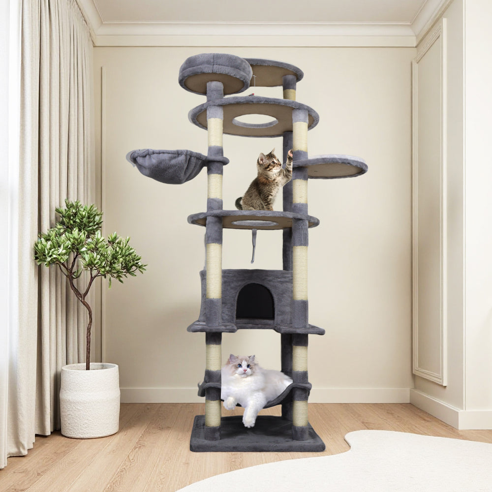 78 in dark gray cat tree tower with large condo  sisal scratching post big hammock and top platform