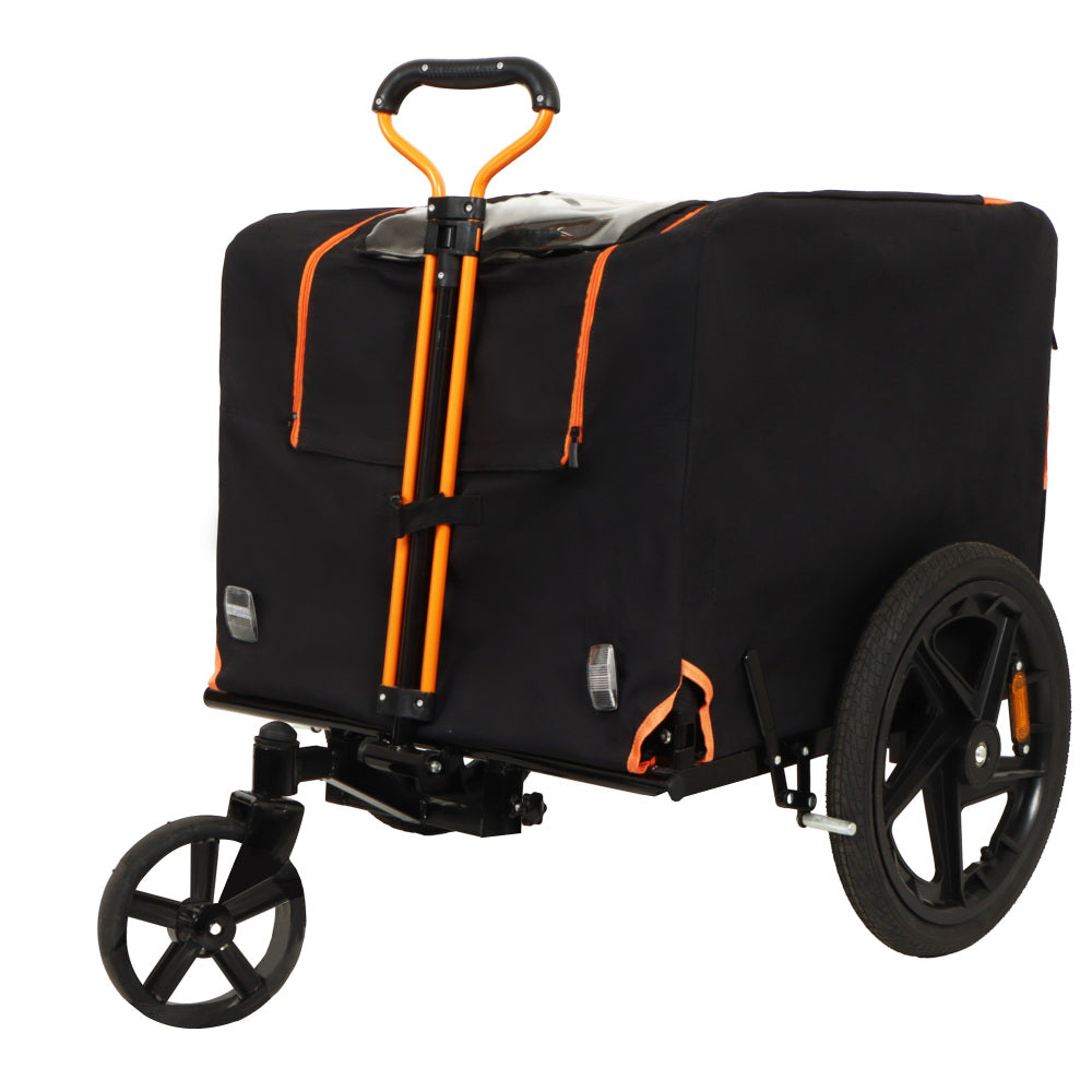 2-in-1 Bike & Pull-Behind Pet Trailer – Convertible Dog/Cat Carrier with Detachable Bike Hitch & Built-in Towing Handle – All-Terrain Wheels for Cycling and Hand-Pulled Transport, Orange and Black