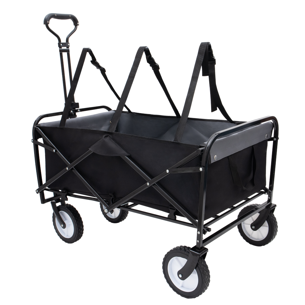 Collapsible Foldable Wagon Cart with strapping system Beach Wagon Utility Cart Utility Wagon Grocery Cart for for Camping Shopping Sports Gardeing Fishing Supports 360lbs All-Terrain Wheels black