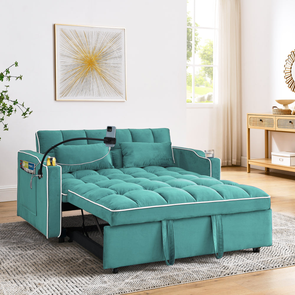 55.51 inch versatile foldable sofa bed in 3 lengths, modern sofa sofa sofa velvet pull-out bed, adjustable back and with USB port and ashtray and swivel phone stand (Black)