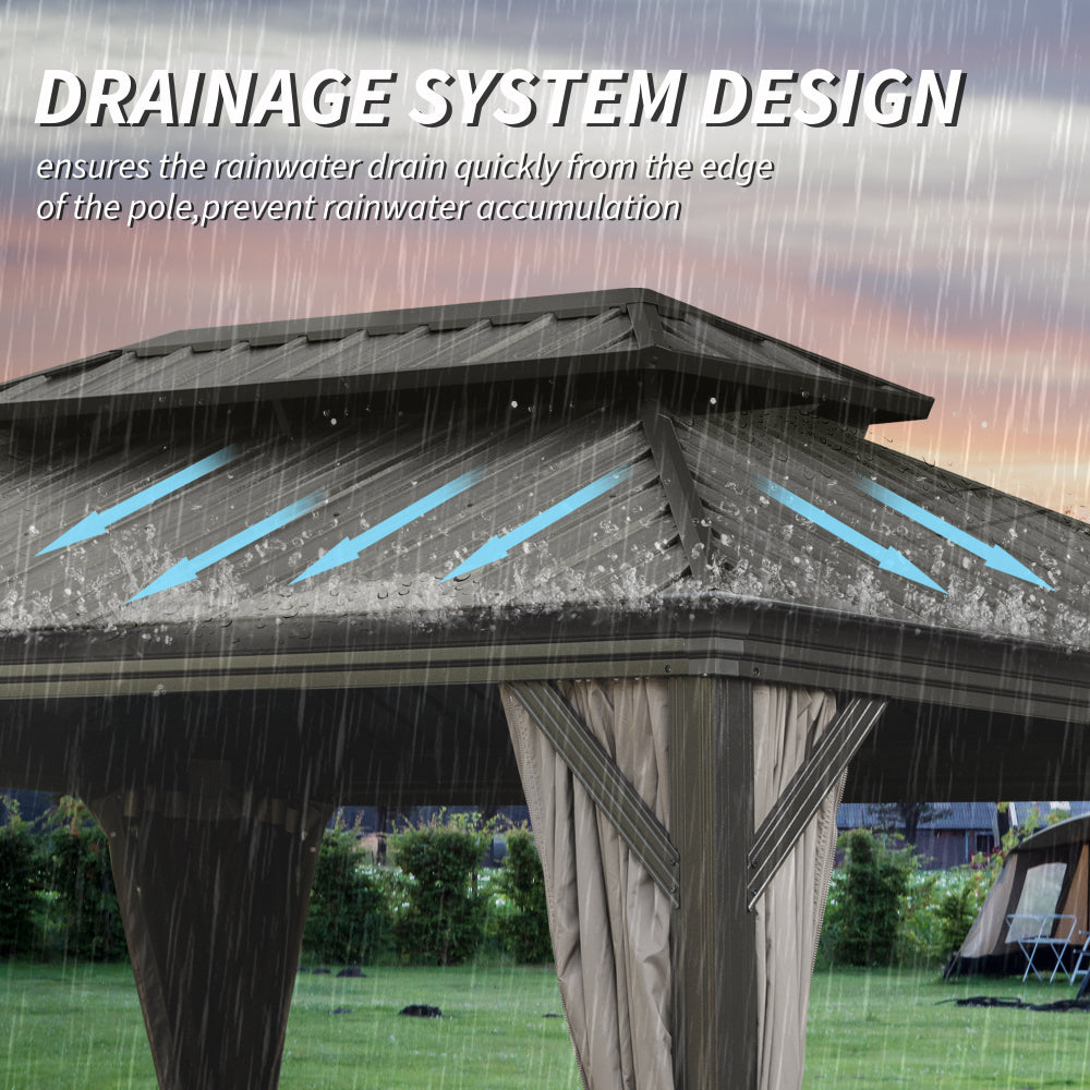 10' X 14' Hardtop Gazebo, Upgraded Metal Gazebo with Drainage System, Dual-Layer Galvanized Steel Roof, Curtain and Netting, Outdoor Shelter Canopy for Patio, Garden, and Backyard, Brown