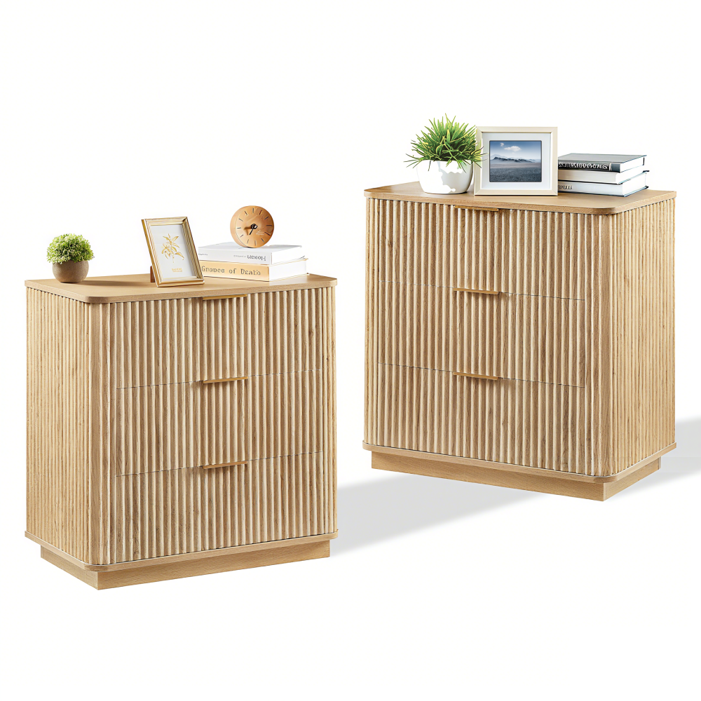 3 Drawers Drasser 2PCS, 27.6'' Wide Modern Chest of Drawers Curved wave Design,Nightstand,Wood Drawer Organizer for Bedroom, Living Room, Hallway, Walnut,27.6''W x 15.8''D x 27.4''H.