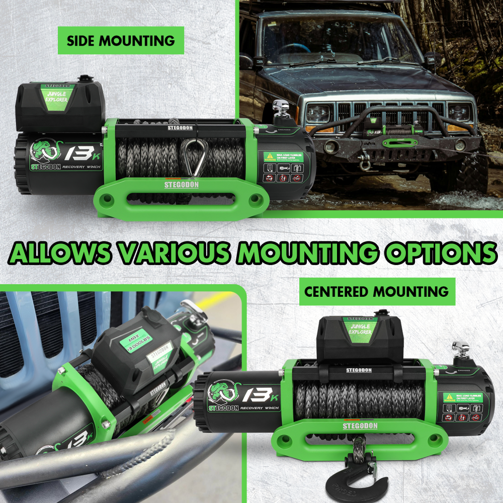 Winch 13000lb Electric Winch 12V Winch with Synthetic Rope Car Trailer Winch with Green Hawse Fairlead Wireless Remote and Wired Handle for Truck SUV Jeep