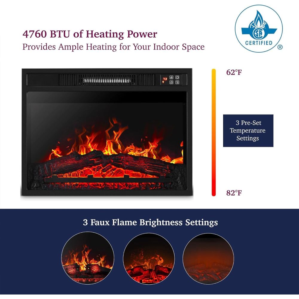 23" Electric Fireplace, 3DInfrared Black Fireplace Electric Insert Heater, with IR Remote Control, Glass View, Adjustable Realistic Logs & Flames, Indoor, 1400W