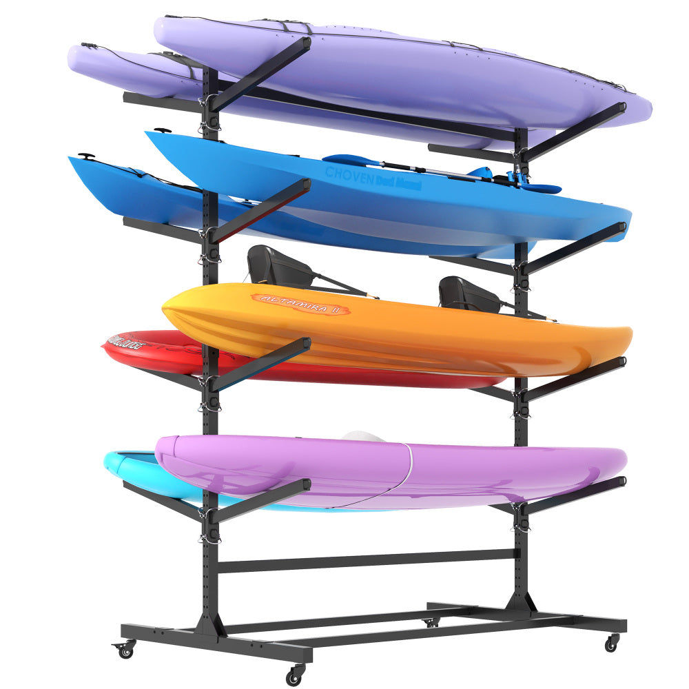 82"H Kayak Storage Rack, Heavy Duty Freestanding Kayak Storage Rack – Adjustable 8 Kayak Stand with Wheels for Garage, Indoor & Outdoor Use, 58"D*45.9"W*82.3"H