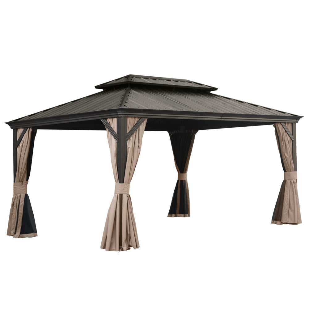 12' X 16' Hardtop Gazebo, Upgraded Metal Gazebo with Drainage System, Dual-Layer Galvanized Steel Roof, Curtain and Netting, Outdoor Shelter Canopy for Patio, Garden, and Backyard, Brown