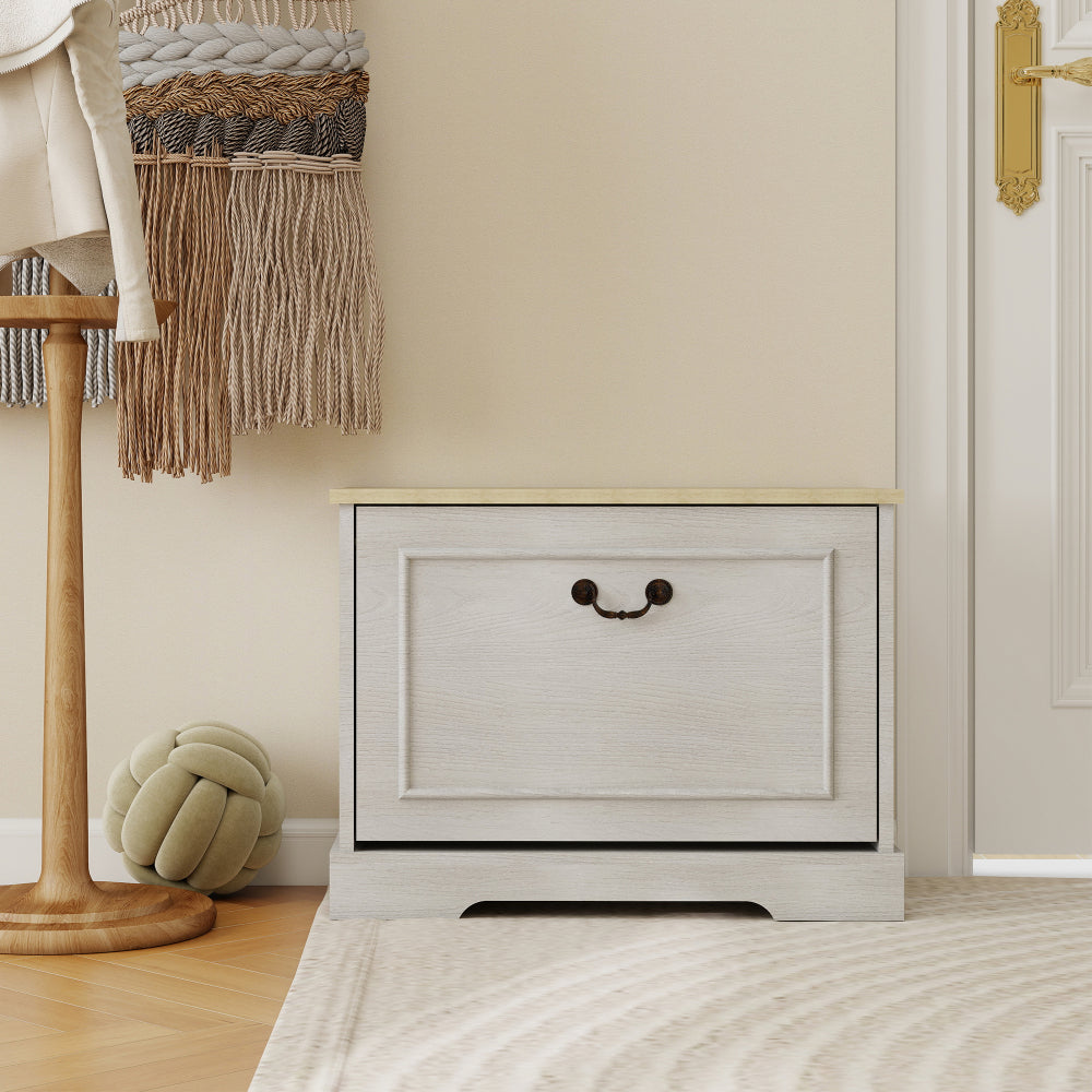 Shoe Storage Bench with 1 Flip Drawer and Adjustable Shelf, Small Shoe Cabinet  for Entryway, Hallway, Bedroom-Antique White