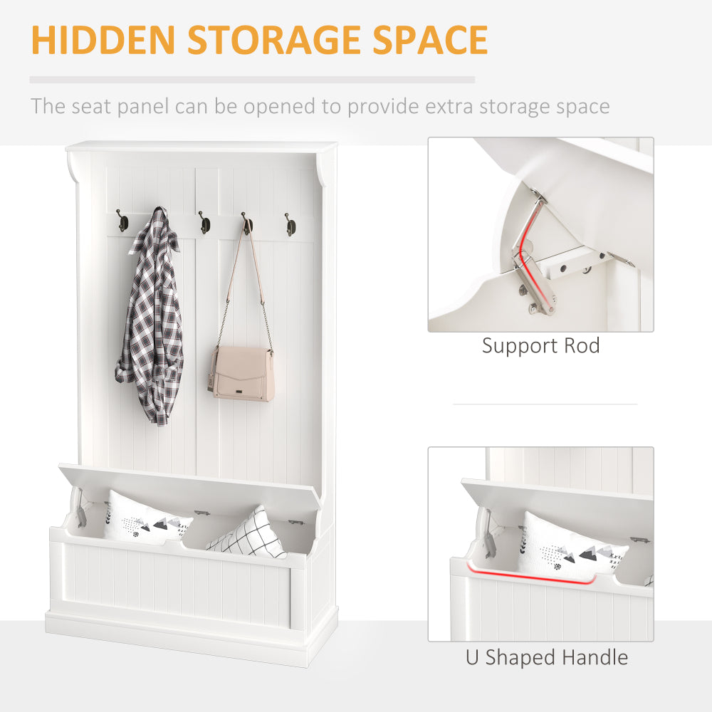HOMCOM 38" 3-In-1 Entryway Hall Tree with Storage Bench, Coat Rack with Four Hooks and Shoe Storage, White