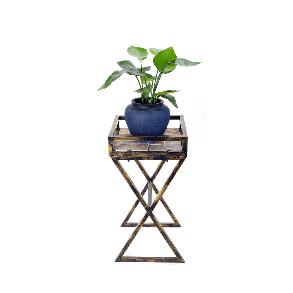 27" Gray Stone Slab Black / Gold Metal Plant Stand