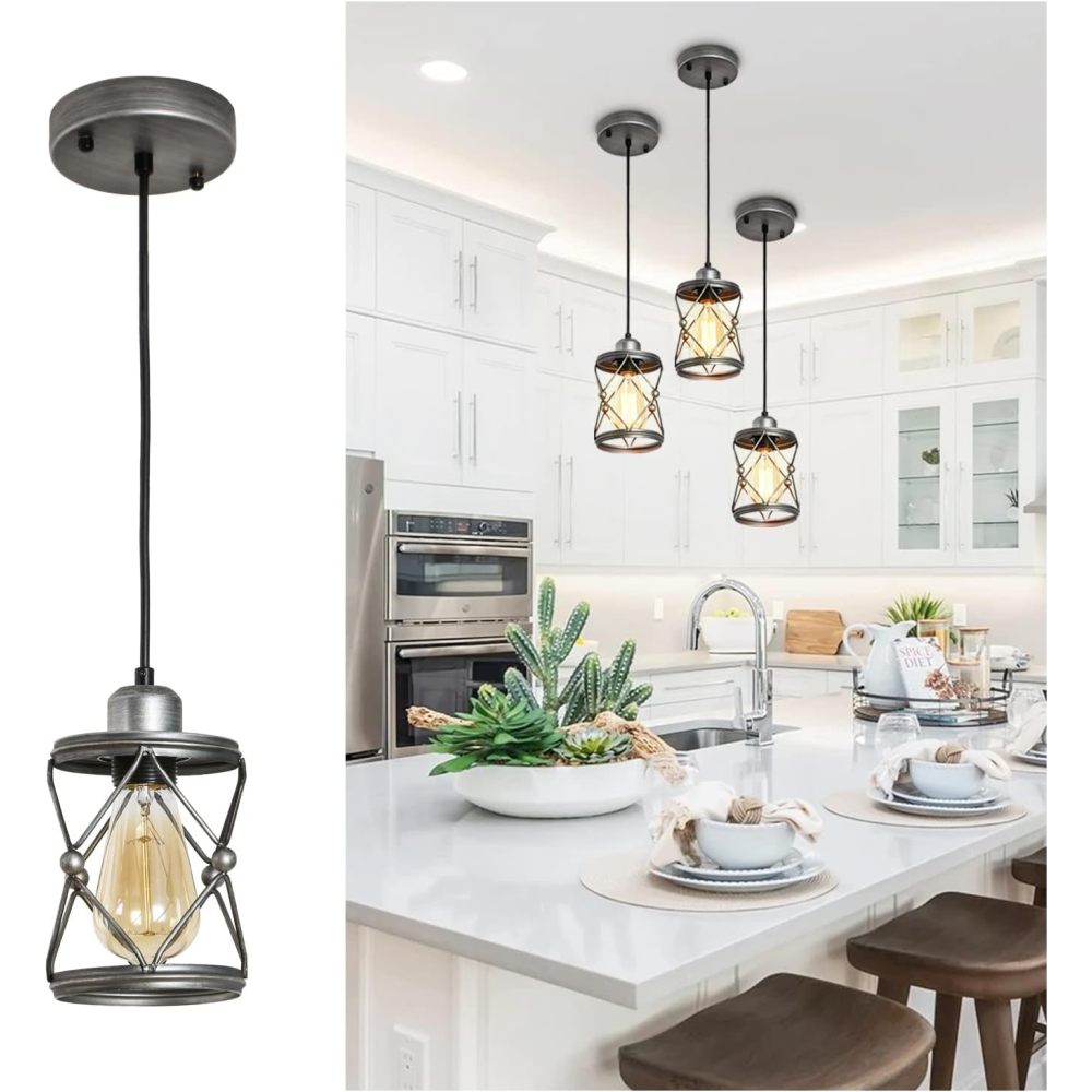 Industrial Pendant Lighting for Kitchen Island, Rustic Mini Cage Pendant Light, Farmhouse Pendant Lamp with Silver Grey Adjustable for Dining Room, Hallway, Entryway, Bedroom