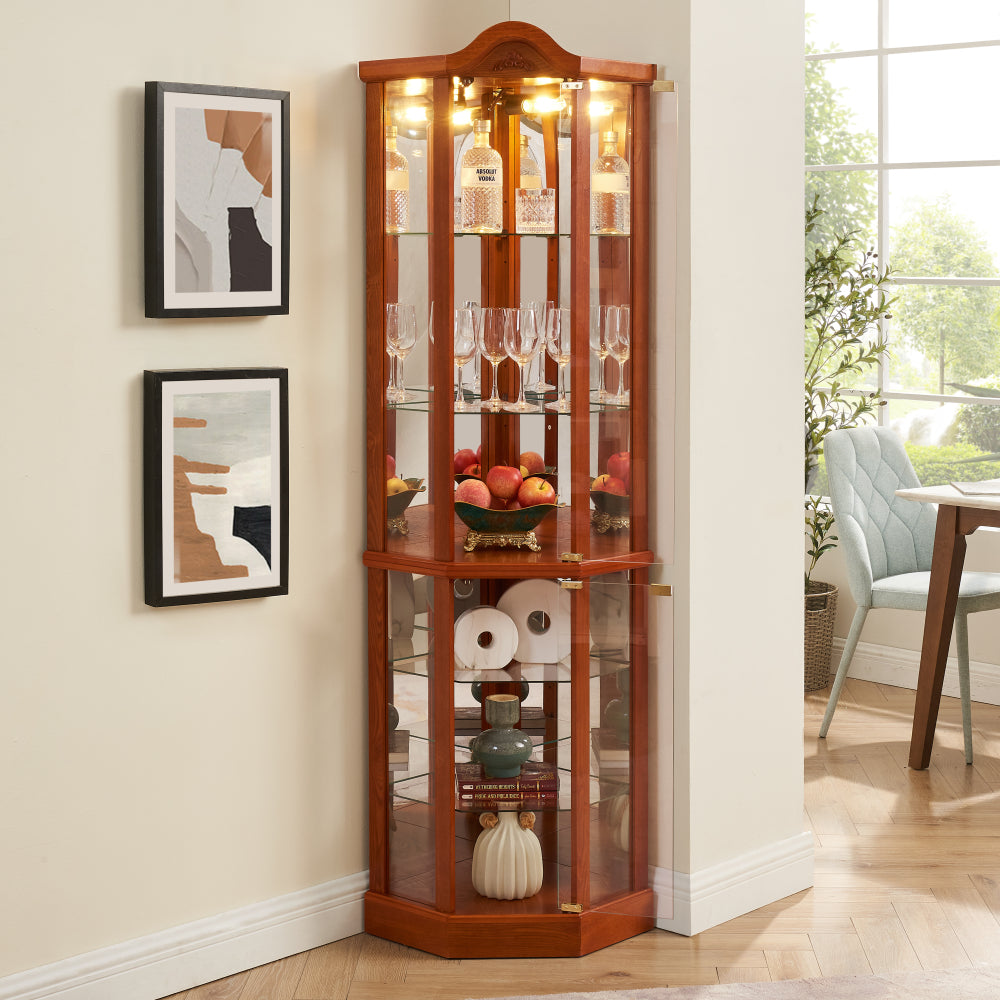 Glass Cabinet Lighted Corner Cabinet Corner Display Curio Cabinet, Glass Display With Light(Included)Bar Cabinet,Wine Cabinet with Adjustable Glass Shelves Carved Decoration OAK Light(Included)