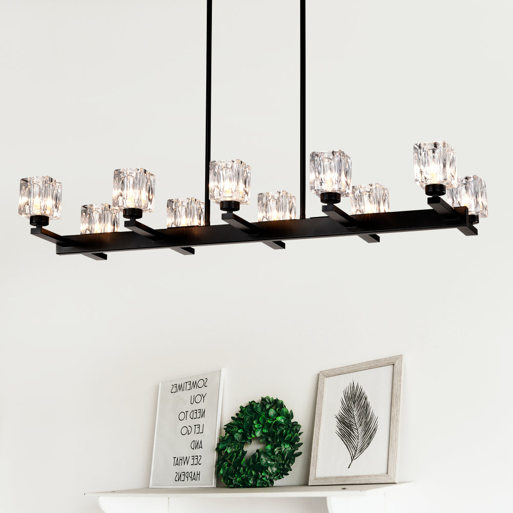 Chandelier for Dining Room, 10-Light Black Farmhouse Linear Pendant Light Fixture, Modern Crystal Hanging Lighting Chandelier for Kitchen Island, Bar, Long Table, G9 Bulb(10*G9*MAX 40W)
