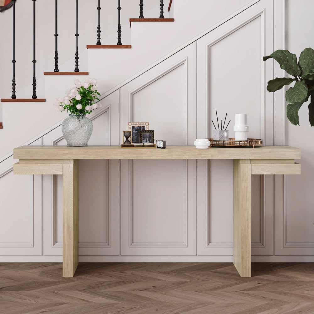 66" Extra Wide Real Wood Veneered Console Table, Minimalist Sofa Table Behind Couch for Entryway, Hallway, Living Room, Home Office, Distressed Oak