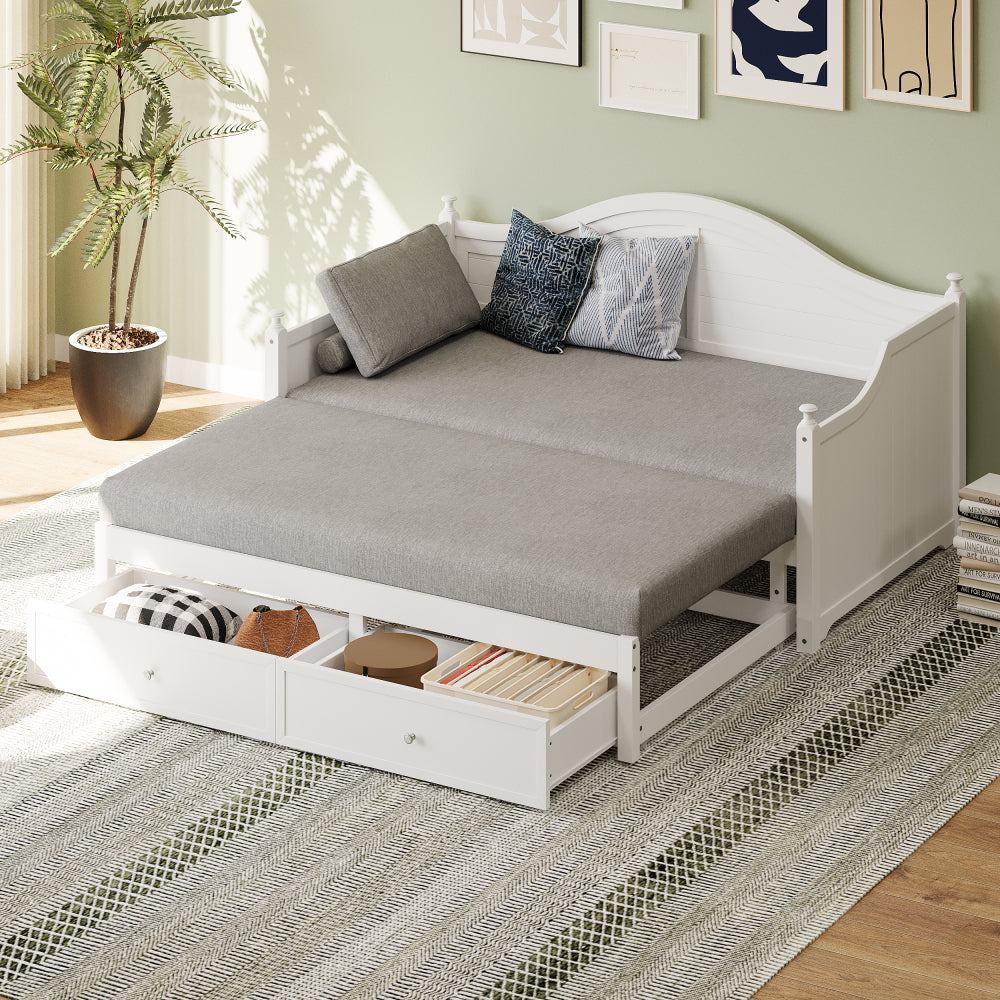 Twin Size Wood Daybed Extended Bed with Storage Drawers Wooden Sofa Bed for Living Room Guest Room, White (Old SKU:BS701P210919K)