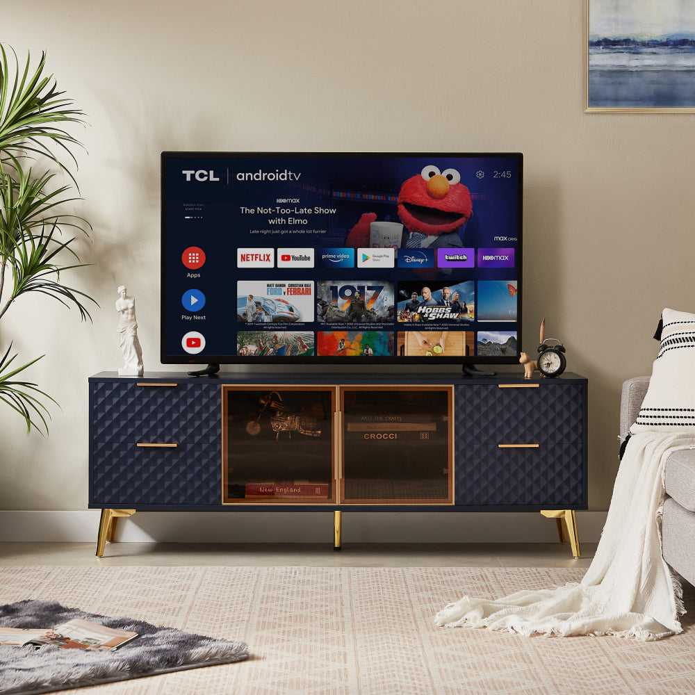 Deluxe Sculpted Modern Fashion Geometric Style TV Stand, Aluminum Frame Tempered Glass Door 4 Drawer Chest with Adjustable Metal Feet ,Dark Blue,59.9"L x 15.7"W x 21.7"H
