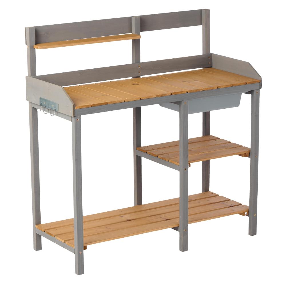 Outdoor Wooden Garden Cart Table with Wheels, Metal Top and Storage Hook, for Patio Backyard Garden