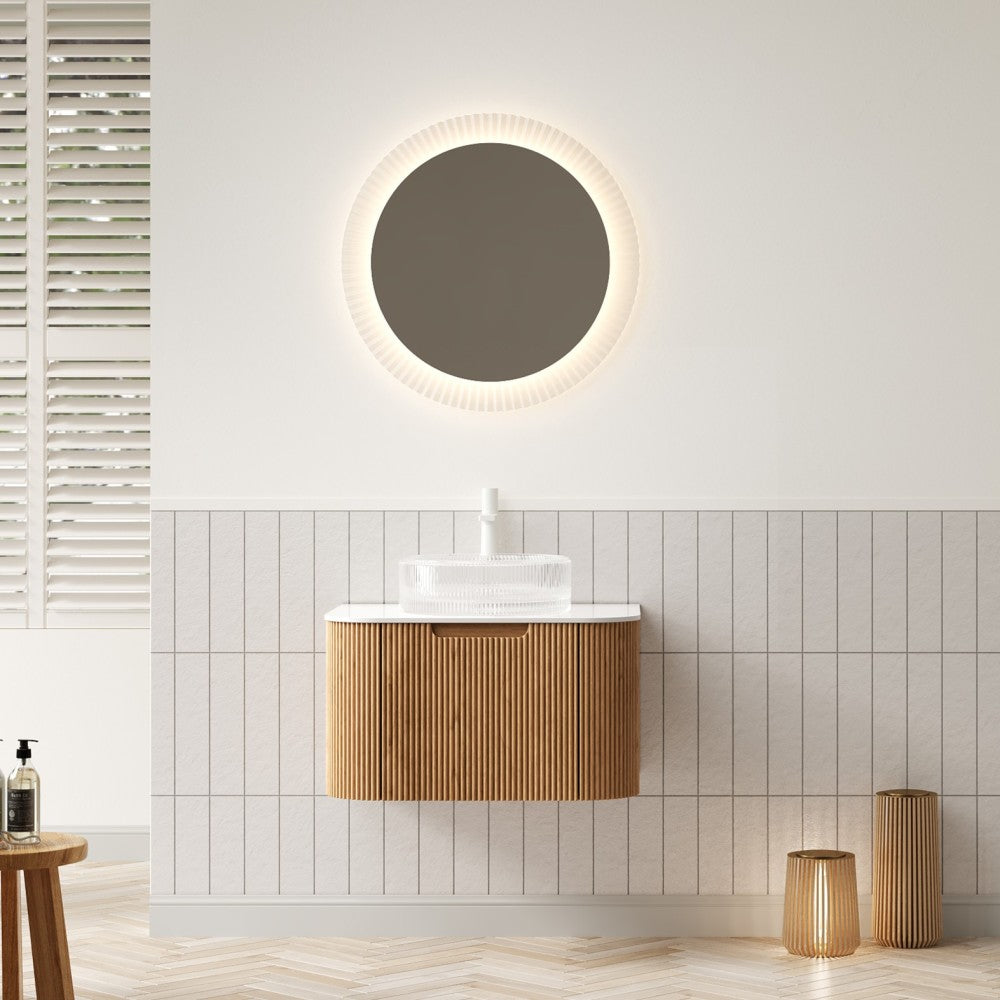 DINA 24" Bathroom Vanity with Sink, Wall-Mounted Floating Curved Edges Striped Bathroom Storage Cabinet with a Drawer, White Round Ceramic Basin without Faucet, Pre-assembled, Natural Woodgrain Color