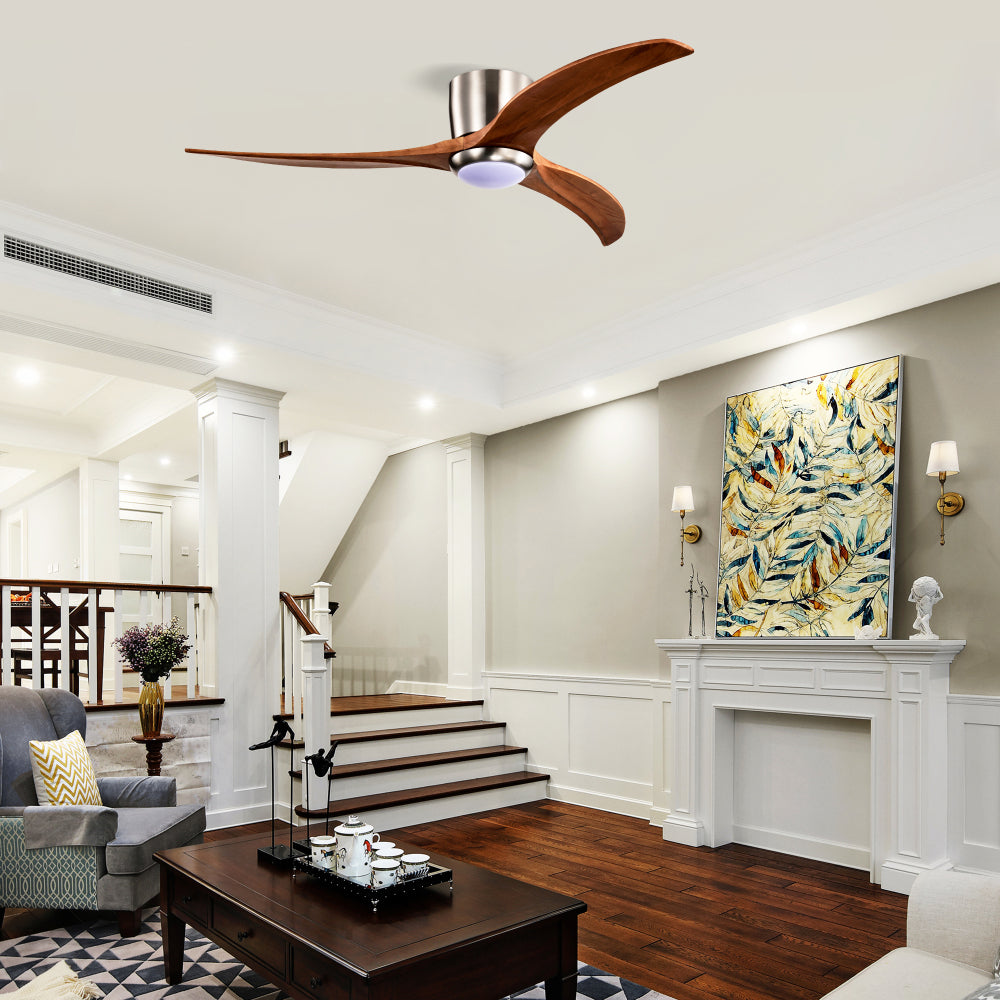 52" Flush Mount Ceiling Fan Solid Wood Blades Ceiling Fan With Light with Remote Control, Noiseless Reversible Motor, 6 Speed, for Patio Living Room, Bedroom,Indoor--(Stain Nickel)