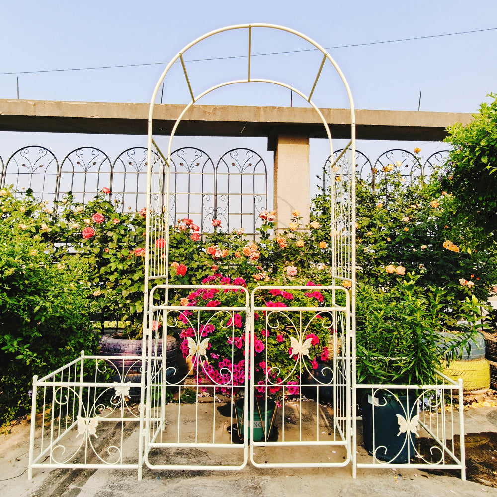 Metal Garden Arch with Gate 79.5'' Wide x 86.6'' High Climbing Plants Support Rose Arch Outdoor Black